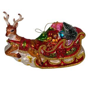 Christmas Blown Glass Ornament Santa's Sleigh Ride Glitter Presents Reindeer